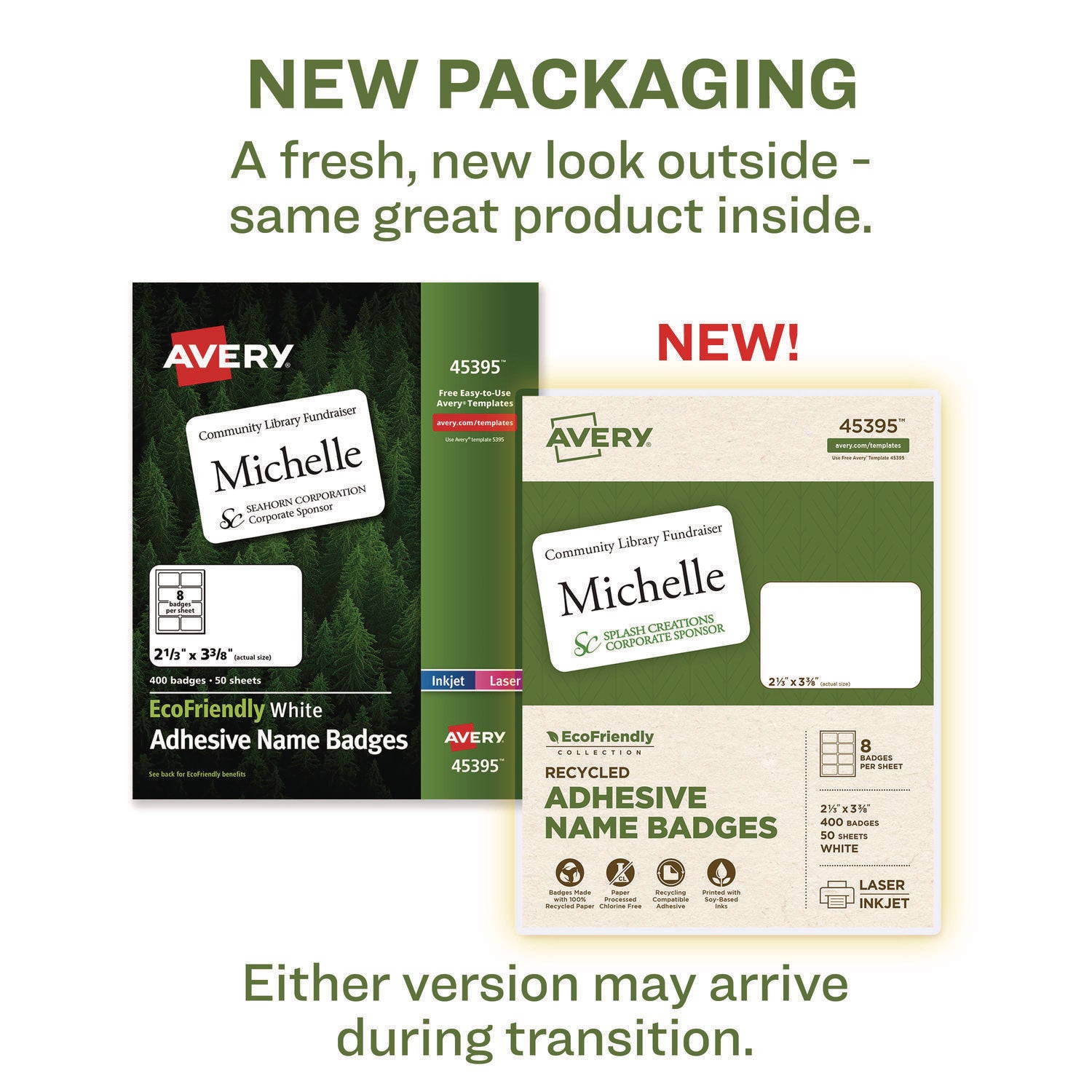 EcoFriendly Adhesive Name Badge Labels, 3.38 x 2.33, White, 400/Box