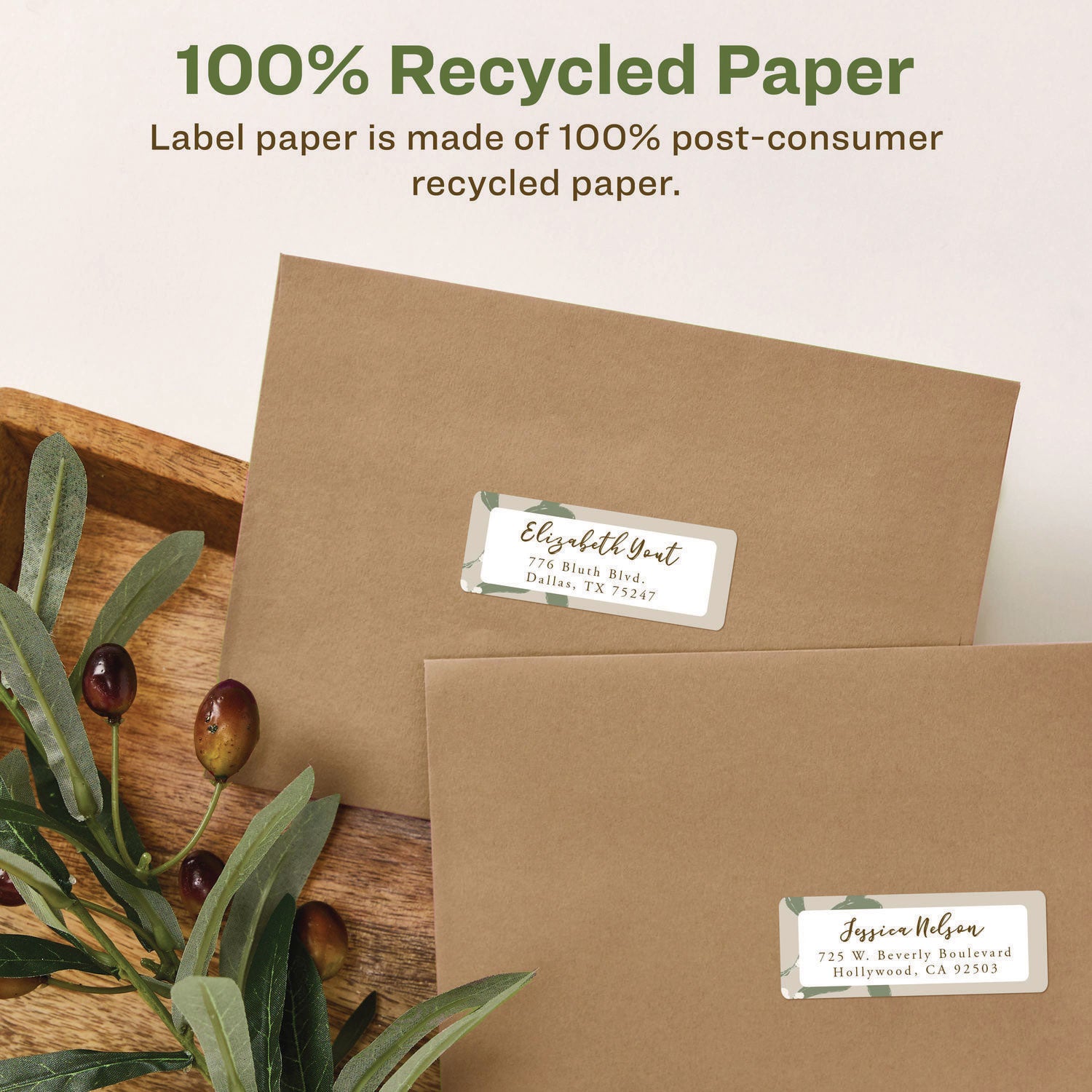 EcoFriendly Mailing Labels, Inkjet/Laser Printers, 1 x 2.63, White, 30/Sheet, 25 Sheets/Pack
