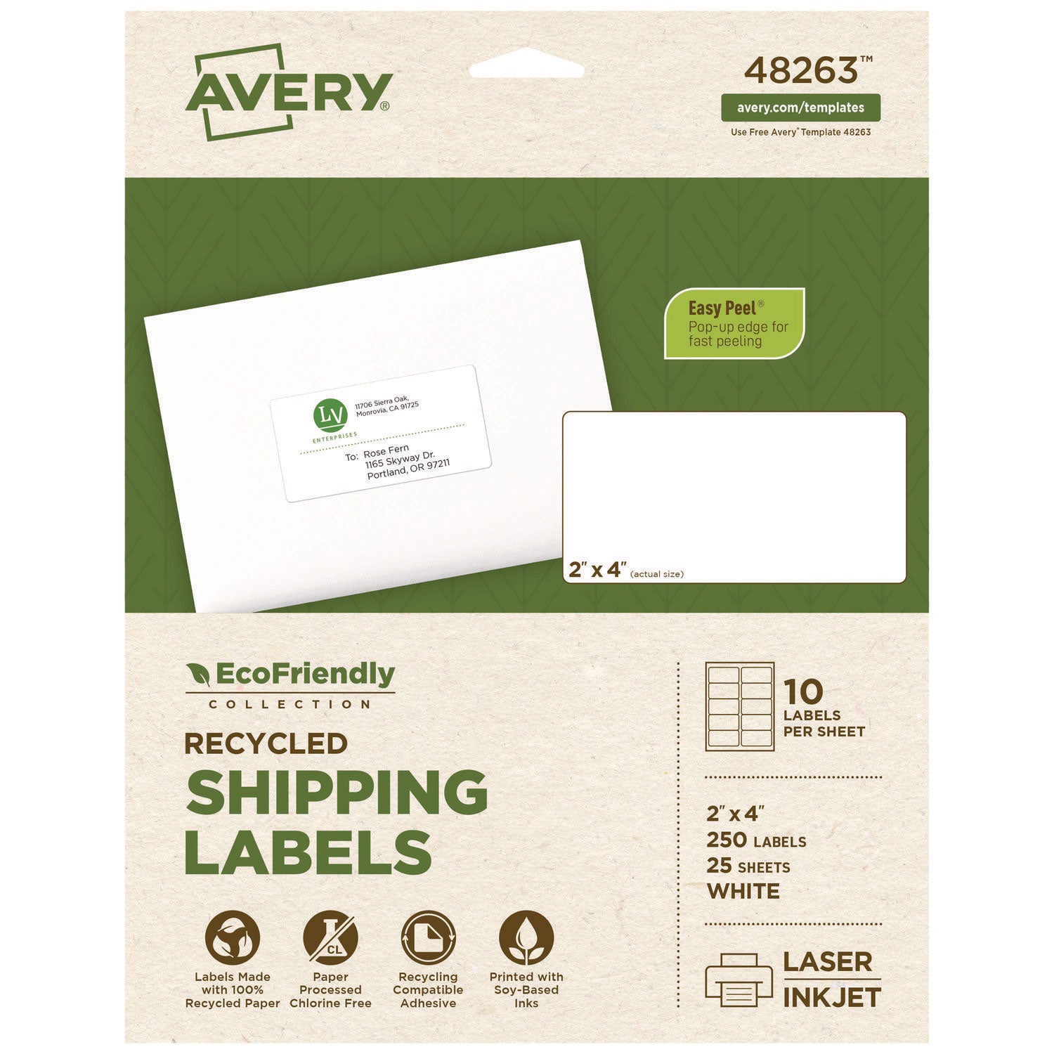 EcoFriendly Mailing Labels, Inkjet/Laser Printers, 2 x 4, White, 10/Sheet, 25 Sheets/Pack