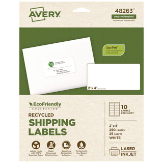 EcoFriendly Mailing Labels, Inkjet/Laser Printers, 2 x 4, White, 10/Sheet, 25 Sheets/Pack