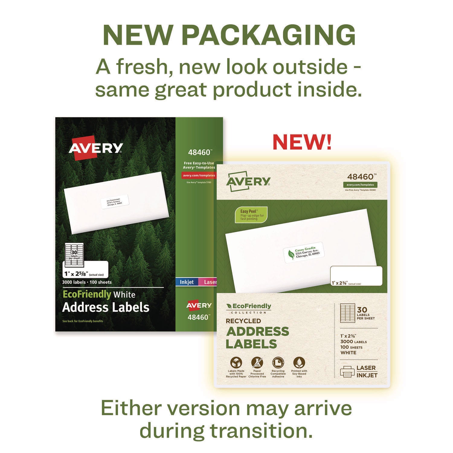 EcoFriendly Mailing Labels, Inkjet/Laser Printers, 1 x 2.63, White, 30/Sheet, 100 Sheets/Pack