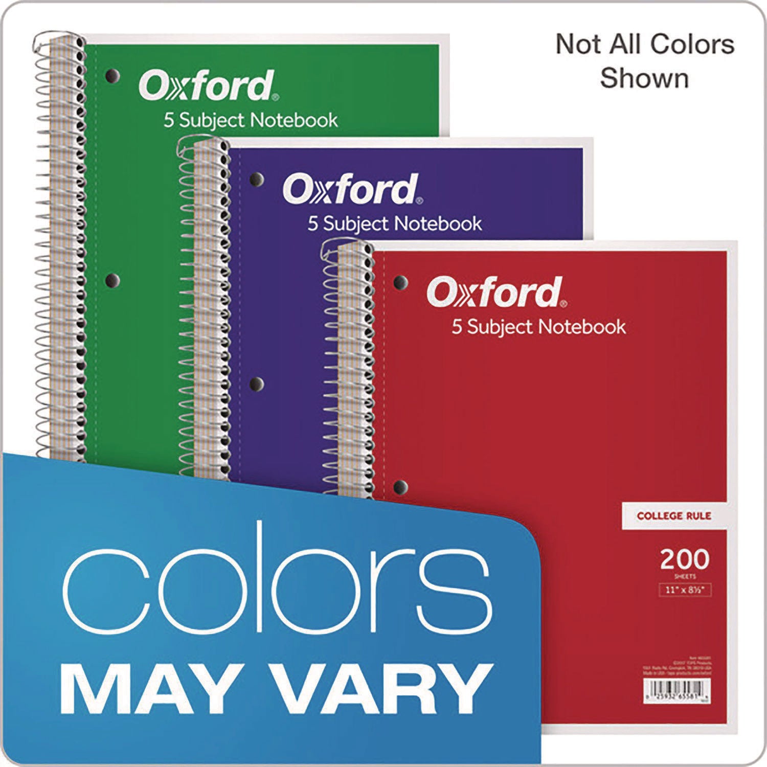 Coil-Lock Wirebound Notebook, 3-Hole Punched, 5-Subject, Medium/College Rule, Randomly Assorted Covers, (200) 11 x 8.5 Sheets