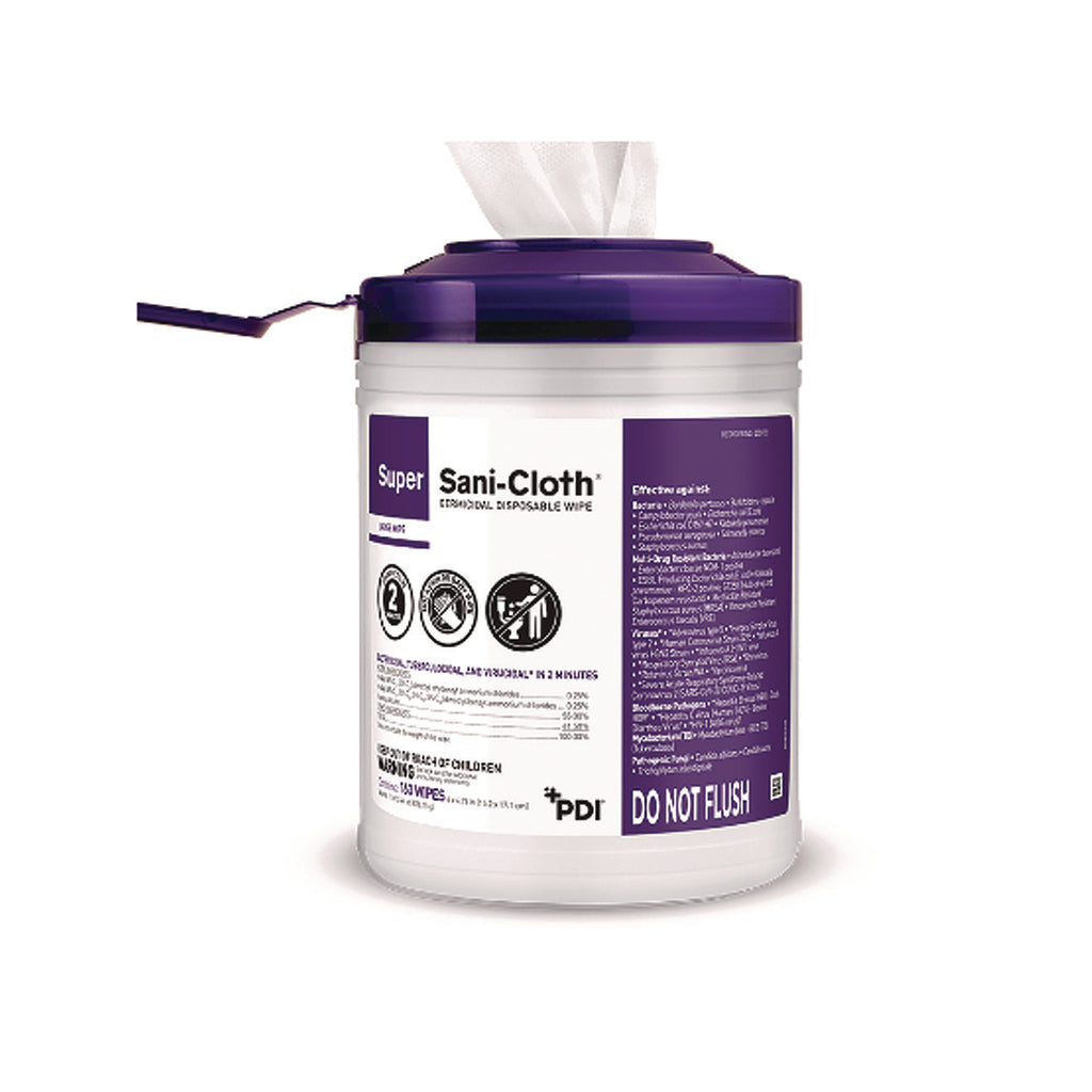 Super Sani-Cloth Germicidal Disposable Wipes, 1-Ply, 6 x 6.75, Unscented, White, 160/Canister, 12 Canisters/Carton