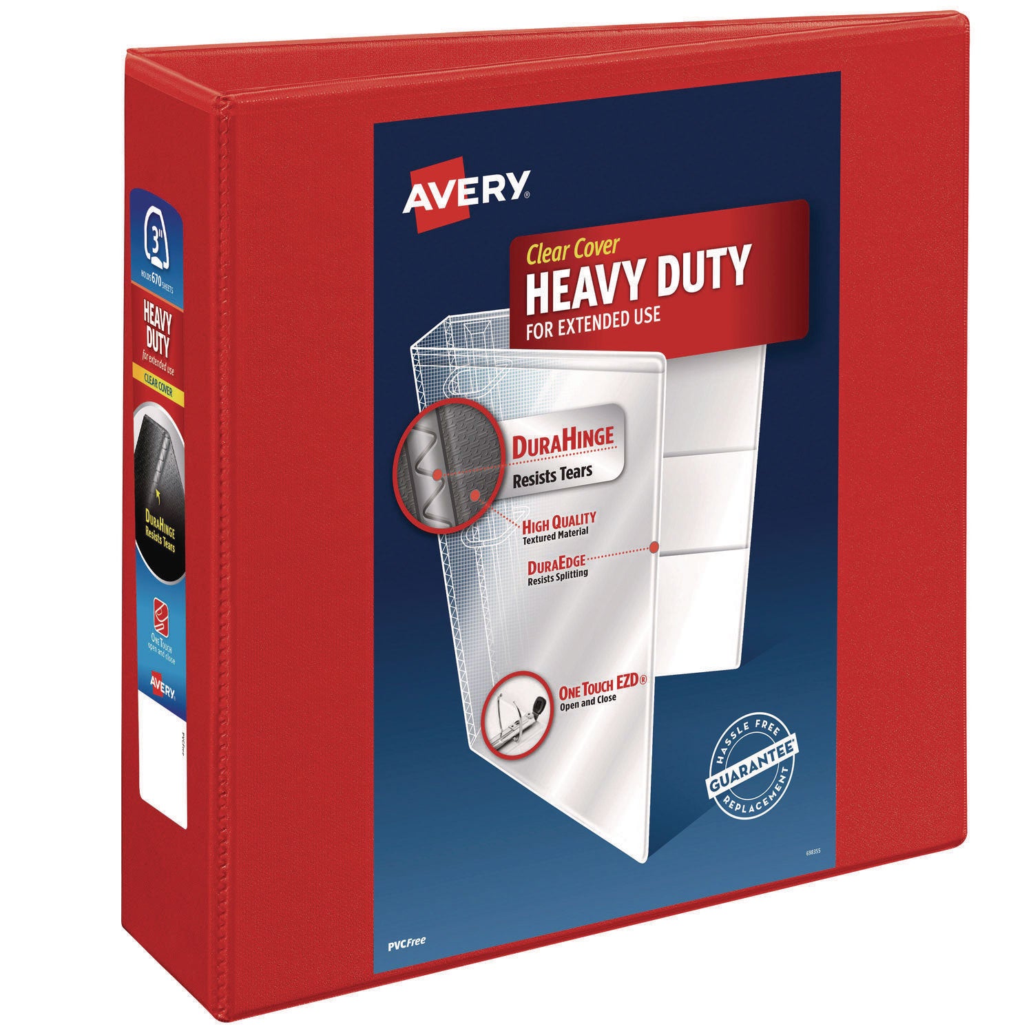 Heavy-Duty View Binder with DuraHinge and Locking One Touch EZD Rings, 3 Rings, 3" Capacity, 11 x 8.5, Red