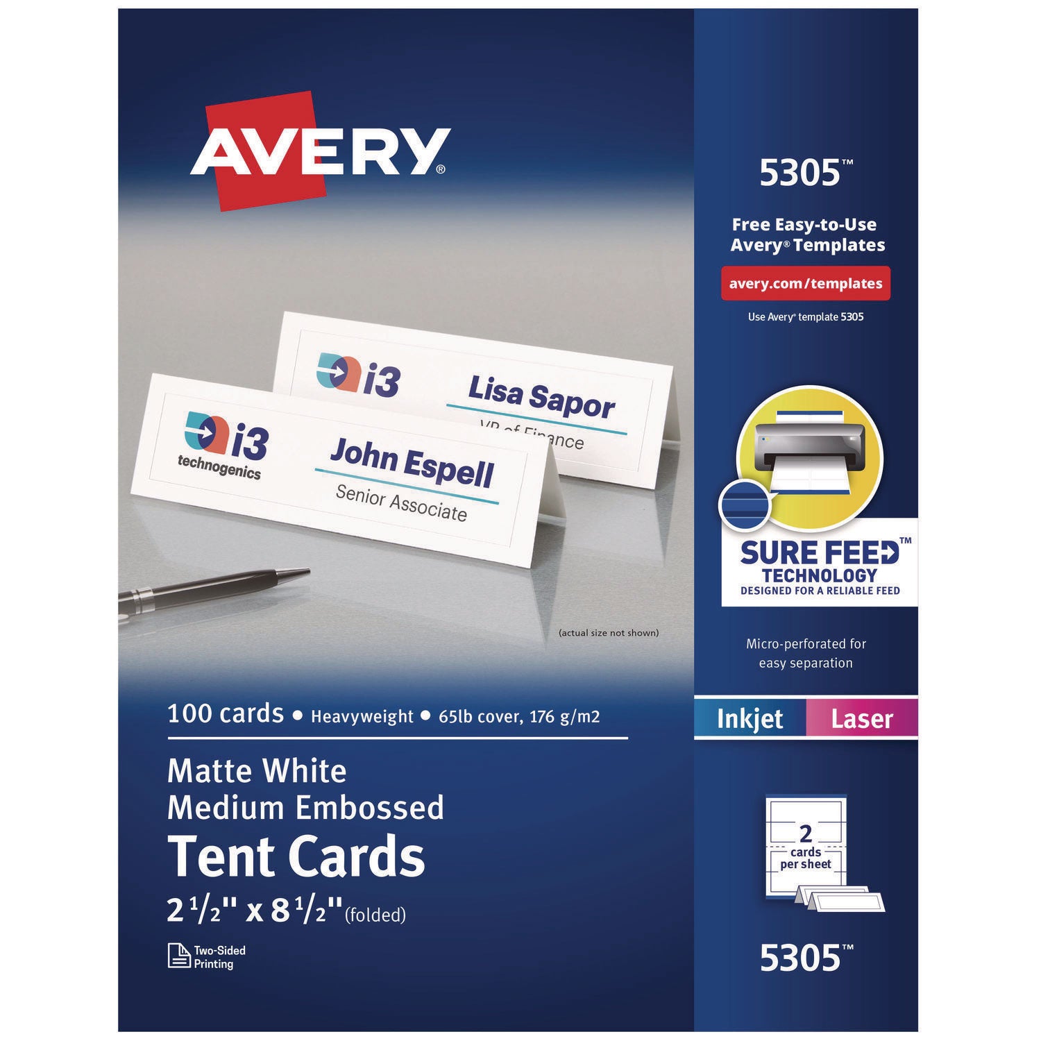 Medium Embossed Tent Cards, White, 2.5 x 8.5, 2 Cards/Sheet, 50 Sheets/Box