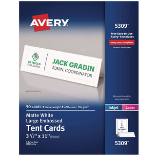 Large Embossed Tent Card, White, 3.5 x 11, 1 Card/Sheet, 50 Sheets/Box