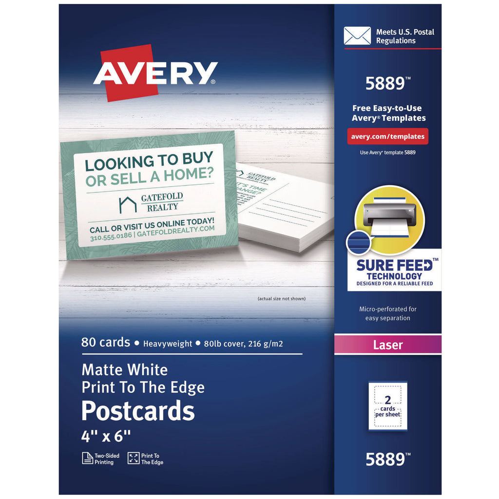 Printable Postcards, Laser, 80 lb, 4 x 6, Uncoated White, 80 Cards, 2 Cards/Sheet, 40 Sheets/Box