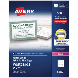 Printable Postcards, Laser, 80 lb, 4 x 6, Uncoated White, 80 Cards, 2 Cards/Sheet, 40 Sheets/Box