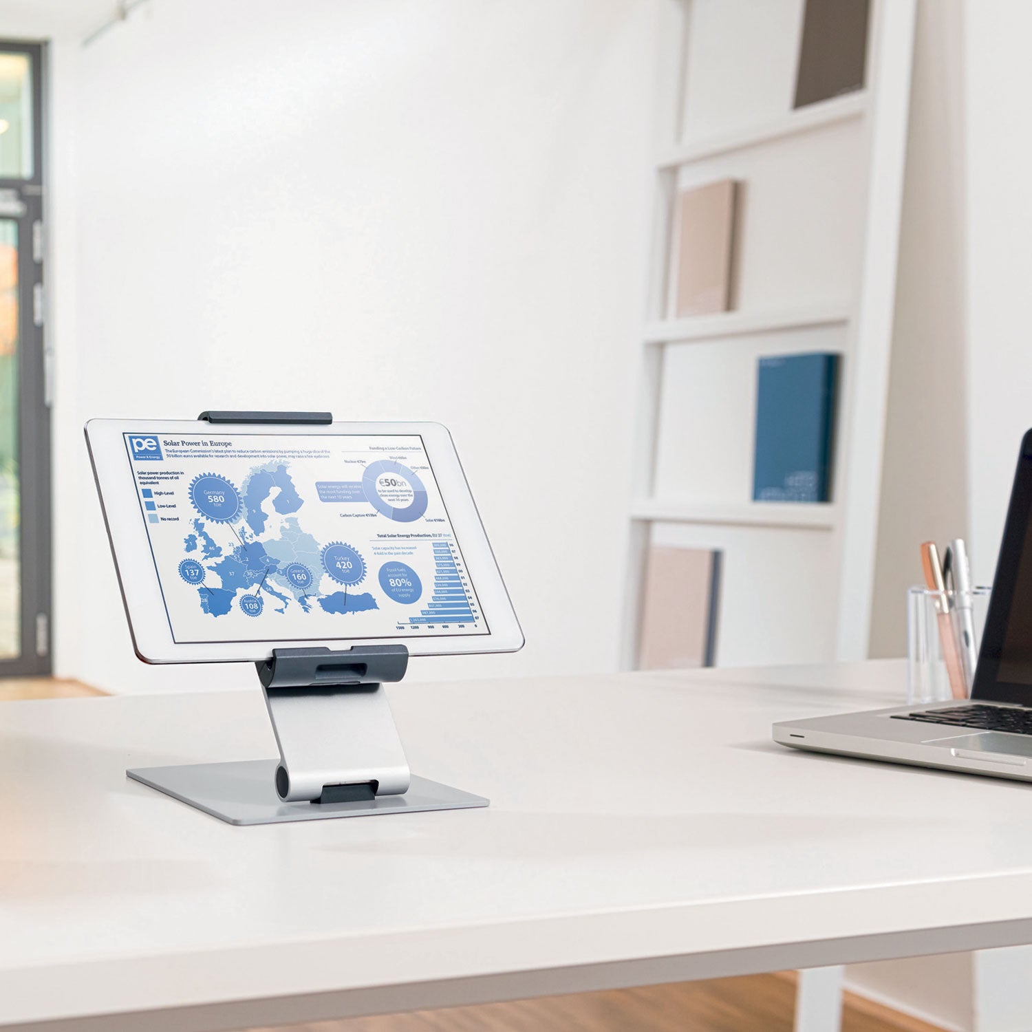 DURABLE TABLET HOLDER Desk Stand - Fits most 7"-13" Tablets, 360 Degrees Rotation with Anti-Theft Device, Silver/Charcoal
