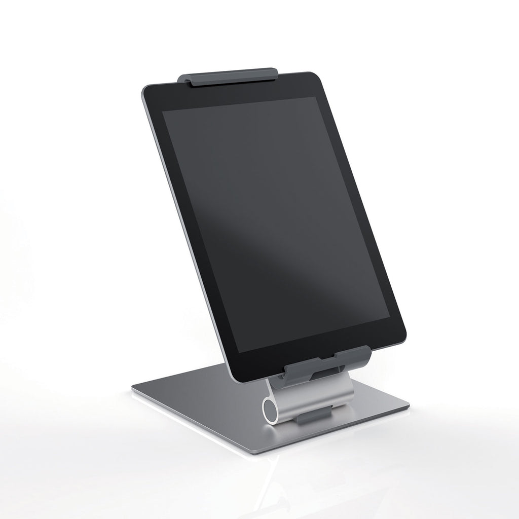 DURABLE TABLET HOLDER Desk Stand - Fits most 7"-13" Tablets, 360 Degrees Rotation with Anti-Theft Device, Silver/Charcoal