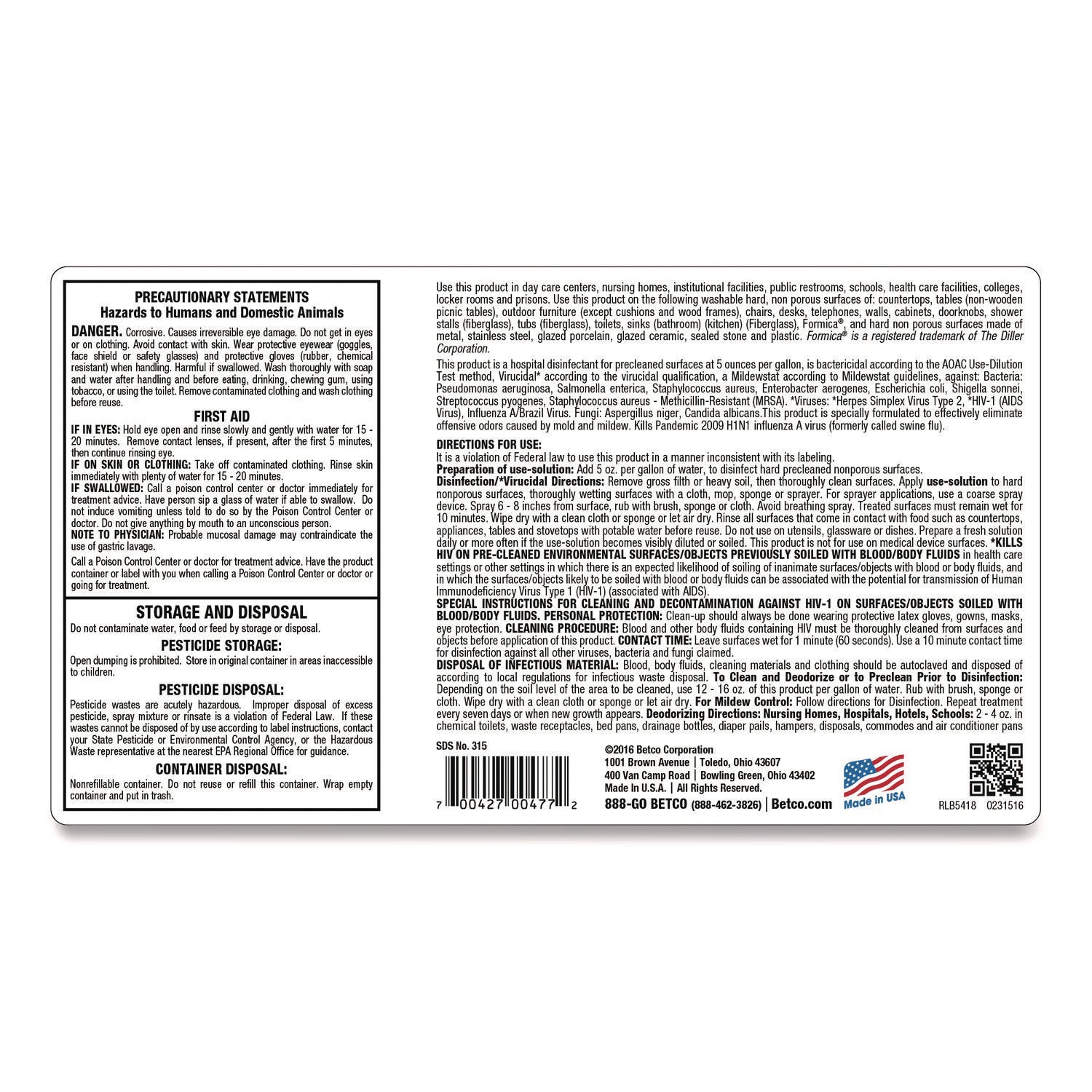 AF315 Disinfectant Cleaner, Citrus Floral Scent, 32 oz Bottle, 12/Carton