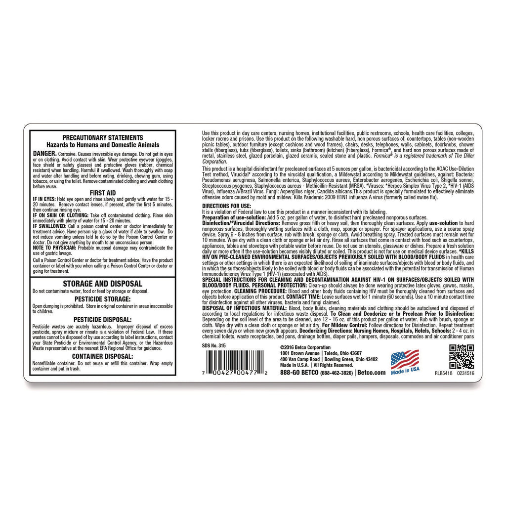 AF315 Disinfectant Cleaner, Citrus Floral Scent, 1 gal Bottle, 4/Carton