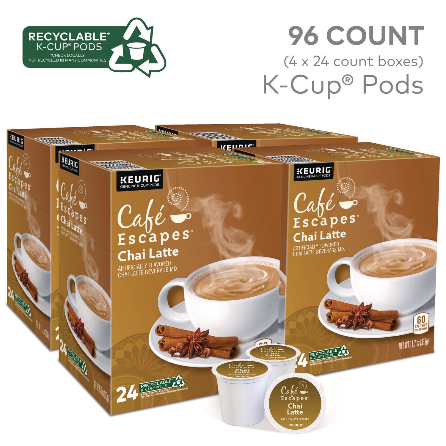 Cafe Escapes Chai Latte K-Cups, 96/Carton