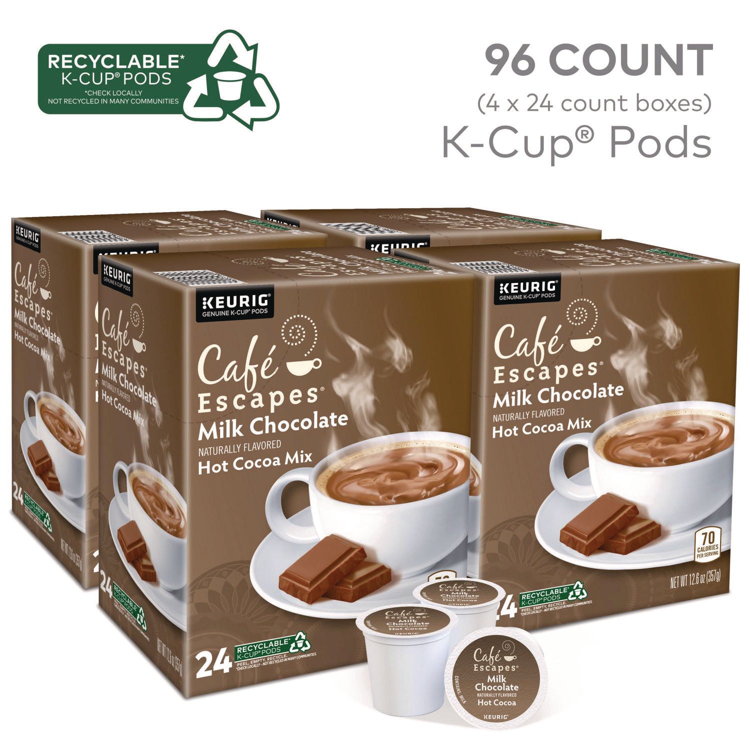 Cafe Escapes Milk Chocolate Hot Cocoa K-Cups, 96/Carton