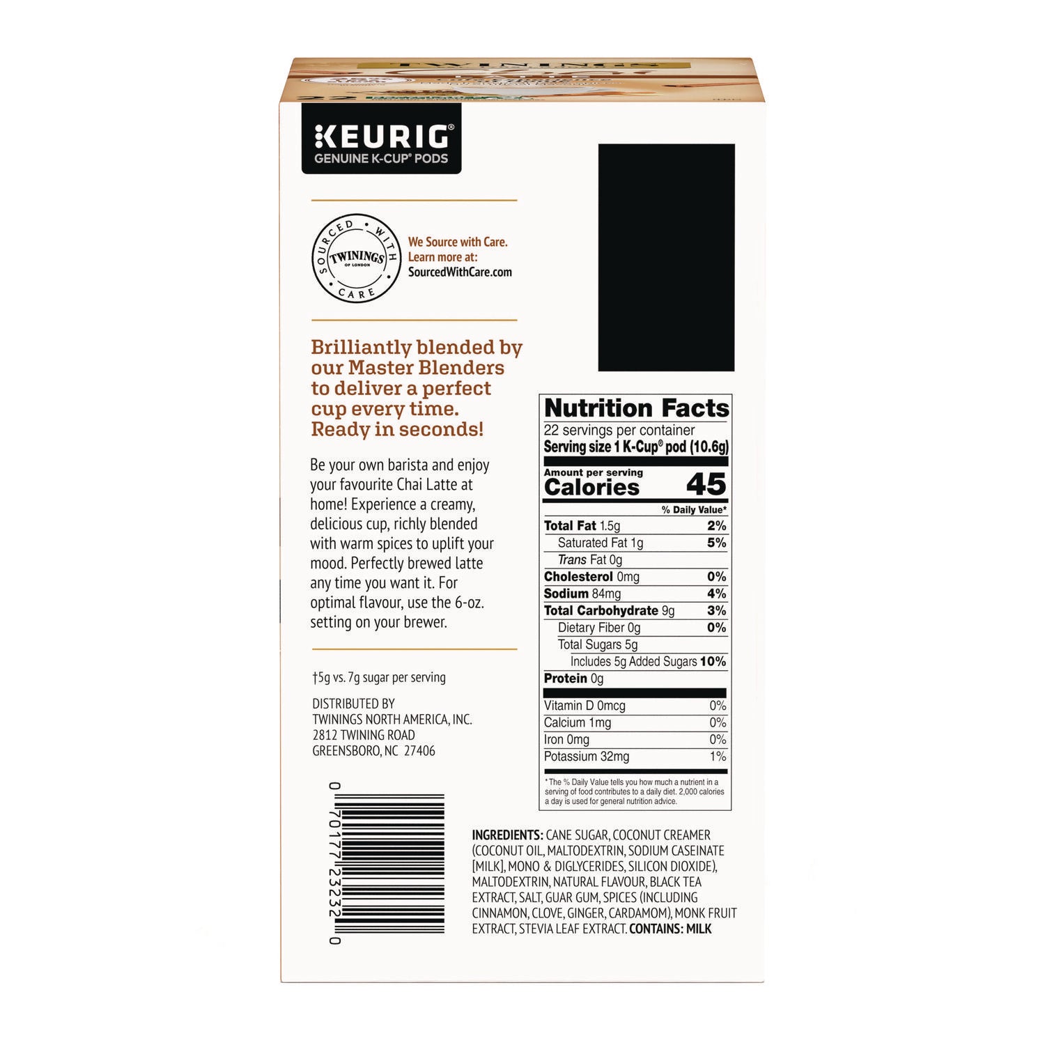 Tea K-Cups, Chai Tea with Non-Fat Milk and Sweetener, 0.53 oz K-Cups, 24/Box