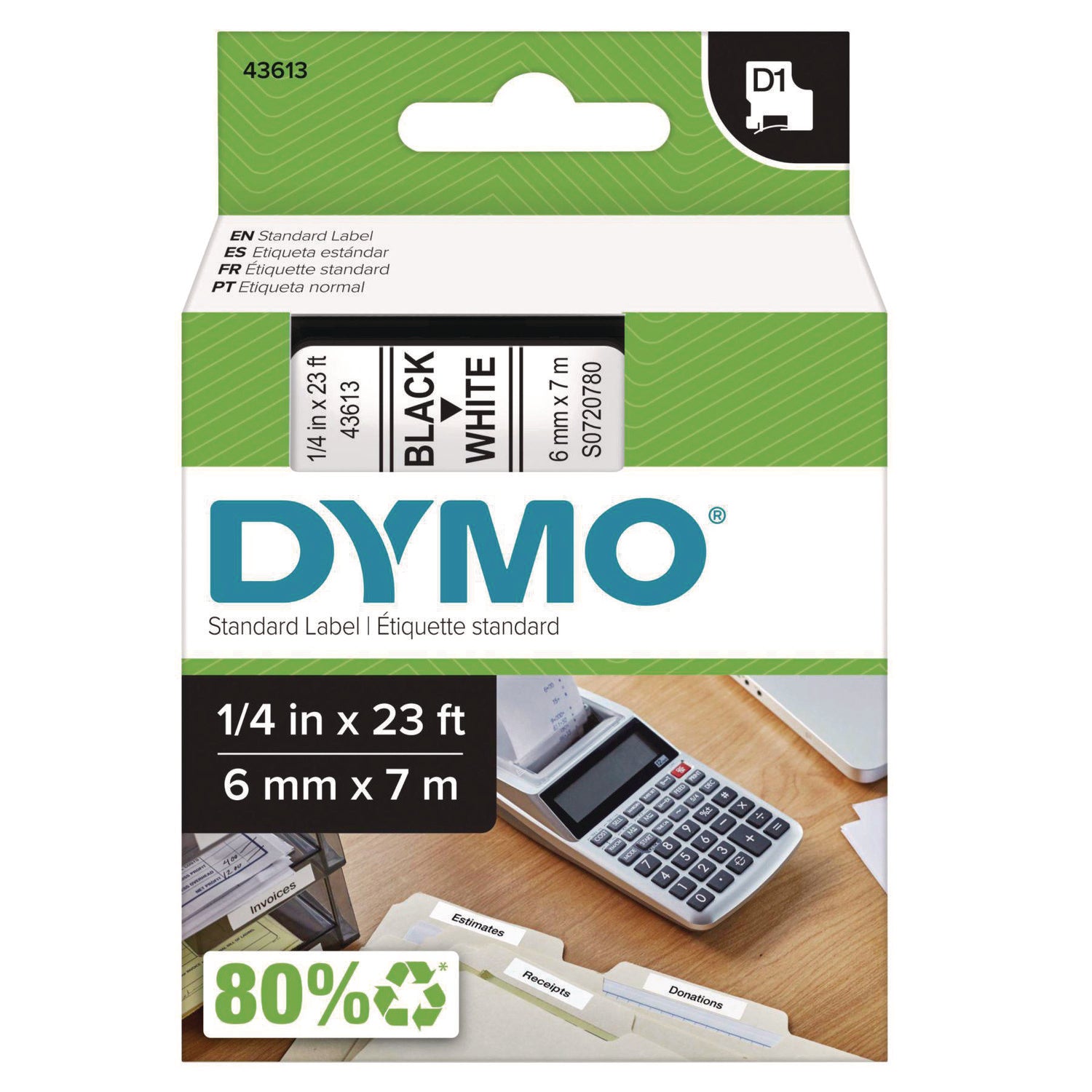 DYMO - D1 Standard Tape Cartridge for Dymo Label Makers, 1/4in x 23ft, Black on White, Sold as 1 EA