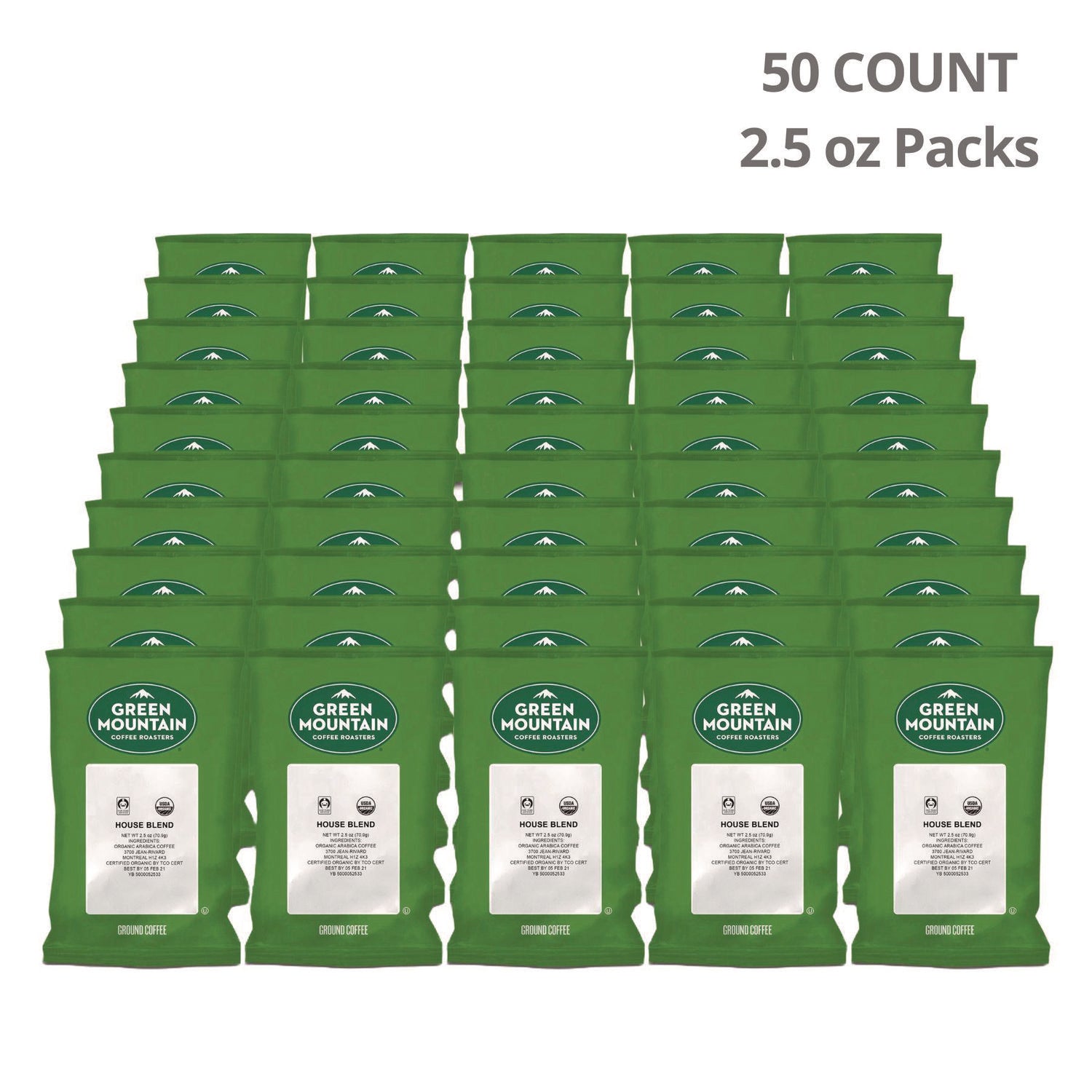 Fair Trade Organic House Blend Coffee, Fractional Packs, 2.5 oz, 50/Carton