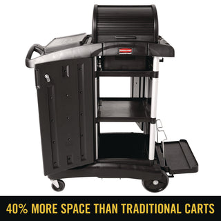 Executive High Security Janitorial Cleaning Cart, Plastic, 4 Shelves, 1 Bin, 23.1" x 39.6" x 27.5", Black