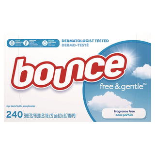 Bounce Free & Gentle Dryer Sheets - 9" Length x 6.04" Width - 240 / Box - Dye-free, Scent-free, Wrinkle-free, Hypoallergenic, Soft - White