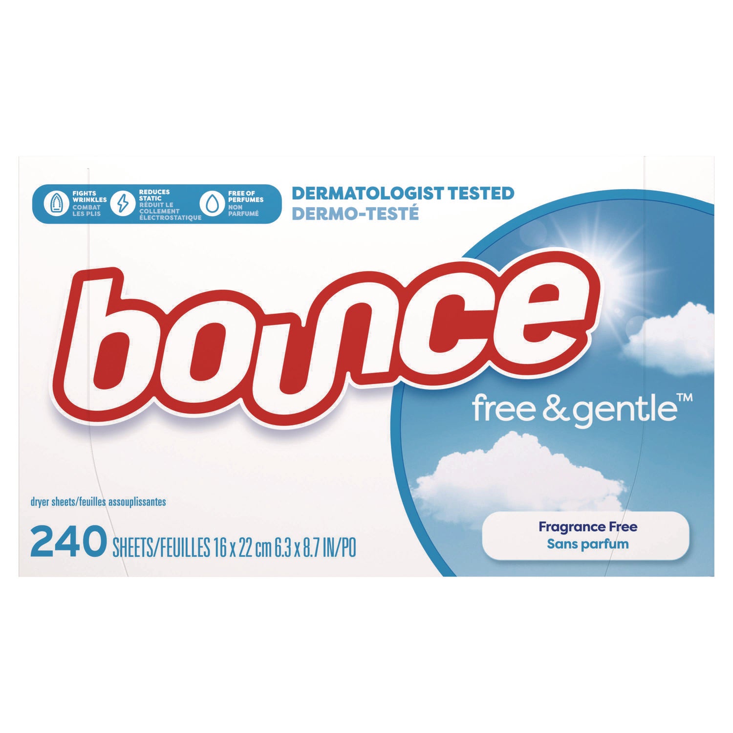Bounce Free & Gentle Dryer Sheets - 9" Length x 6.04" Width - 240 / Box - Dye-free, Scent-free, Wrinkle-free, Hypoallergenic, Soft - White