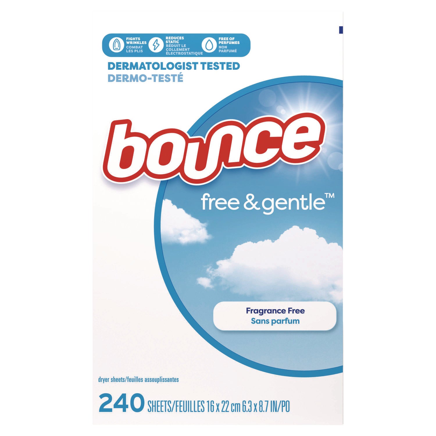 Bounce Free & Gentle Dryer Sheets - 9" Length x 6.04" Width - 240 / Box - Dye-free, Scent-free, Wrinkle-free, Hypoallergenic, Soft - White