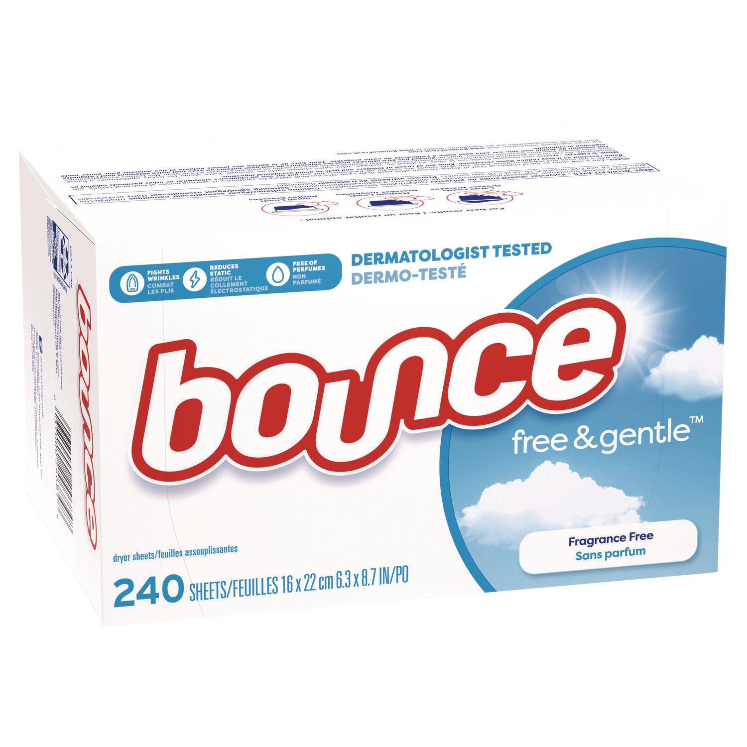 Bounce Free & Gentle Dryer Sheets - 9" Length x 6.04" Width - 240 / Box - Dye-free, Scent-free, Wrinkle-free, Hypoallergenic, Soft - White