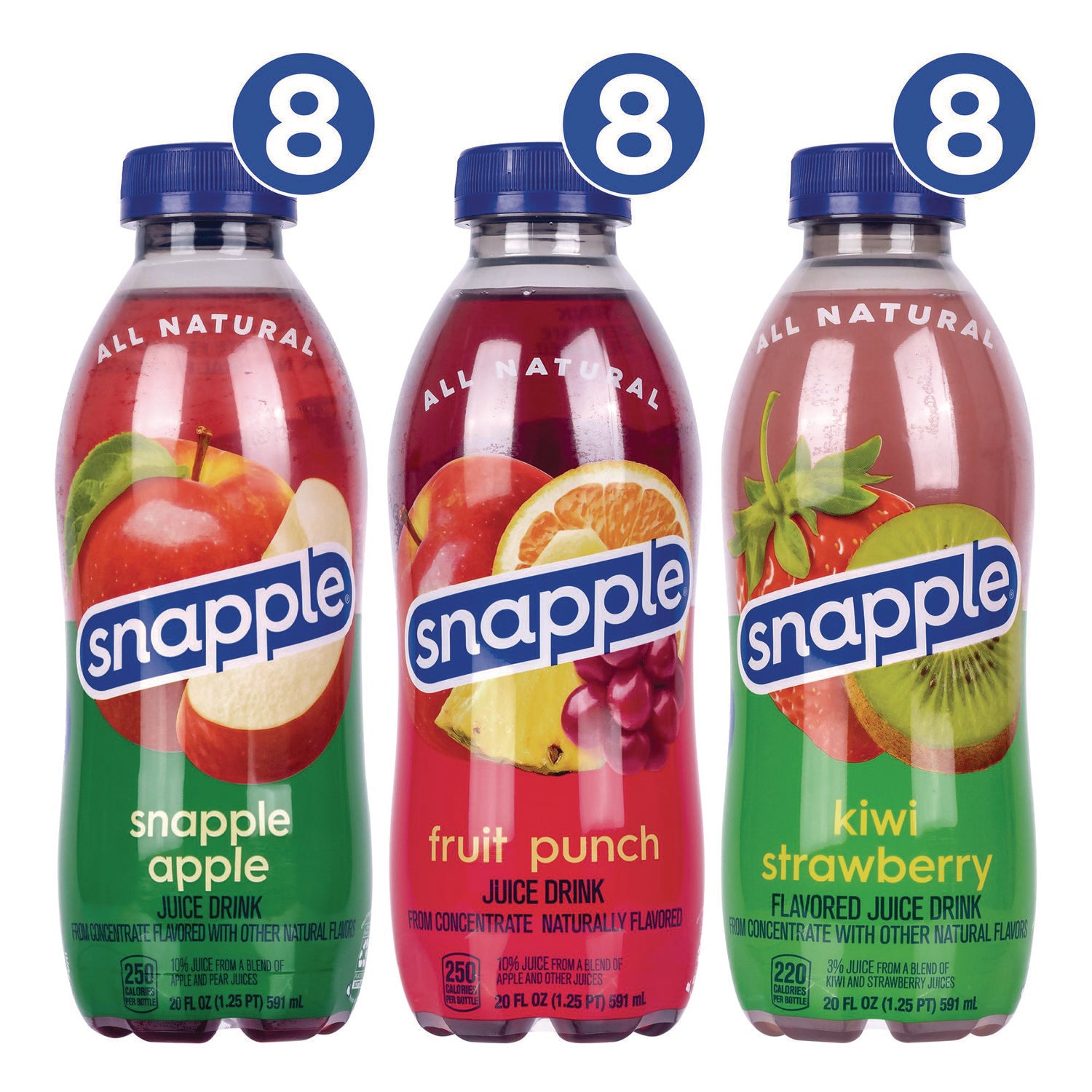 Juice Drink Variety Pack, Snapple Apple, Kiwi Strawberry, Mango Madness, 20 oz Bottle, 24/Carton, Ships in 1-3 Business Days