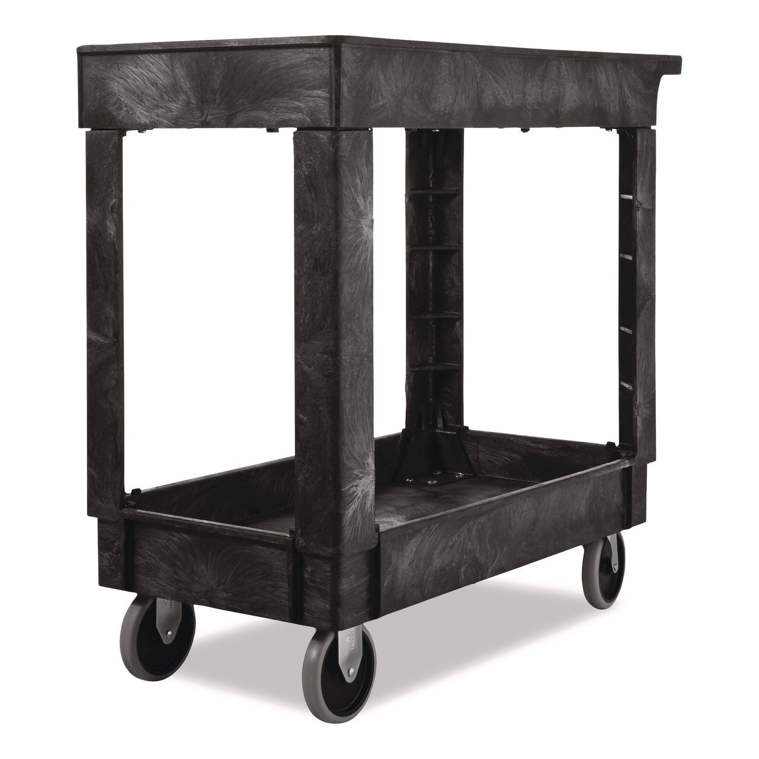 Service/Utility Carts, Plastic, 2 Shelves, 500 lb Capacity, 34.13" x 17.38" x 32.38", Black