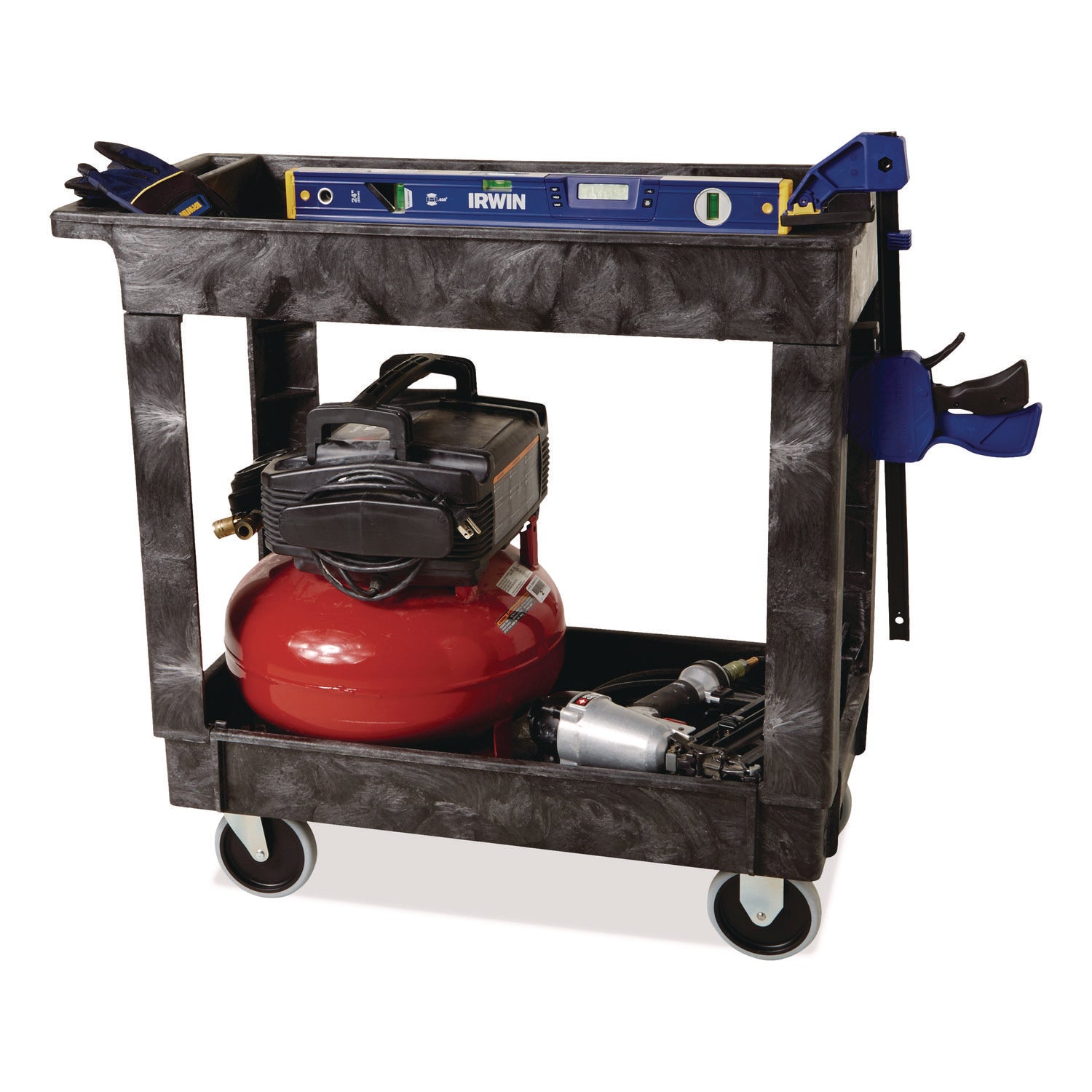 Service/Utility Carts, Plastic, 2 Shelves, 500 lb Capacity, 34.13" x 17.38" x 32.38", Black