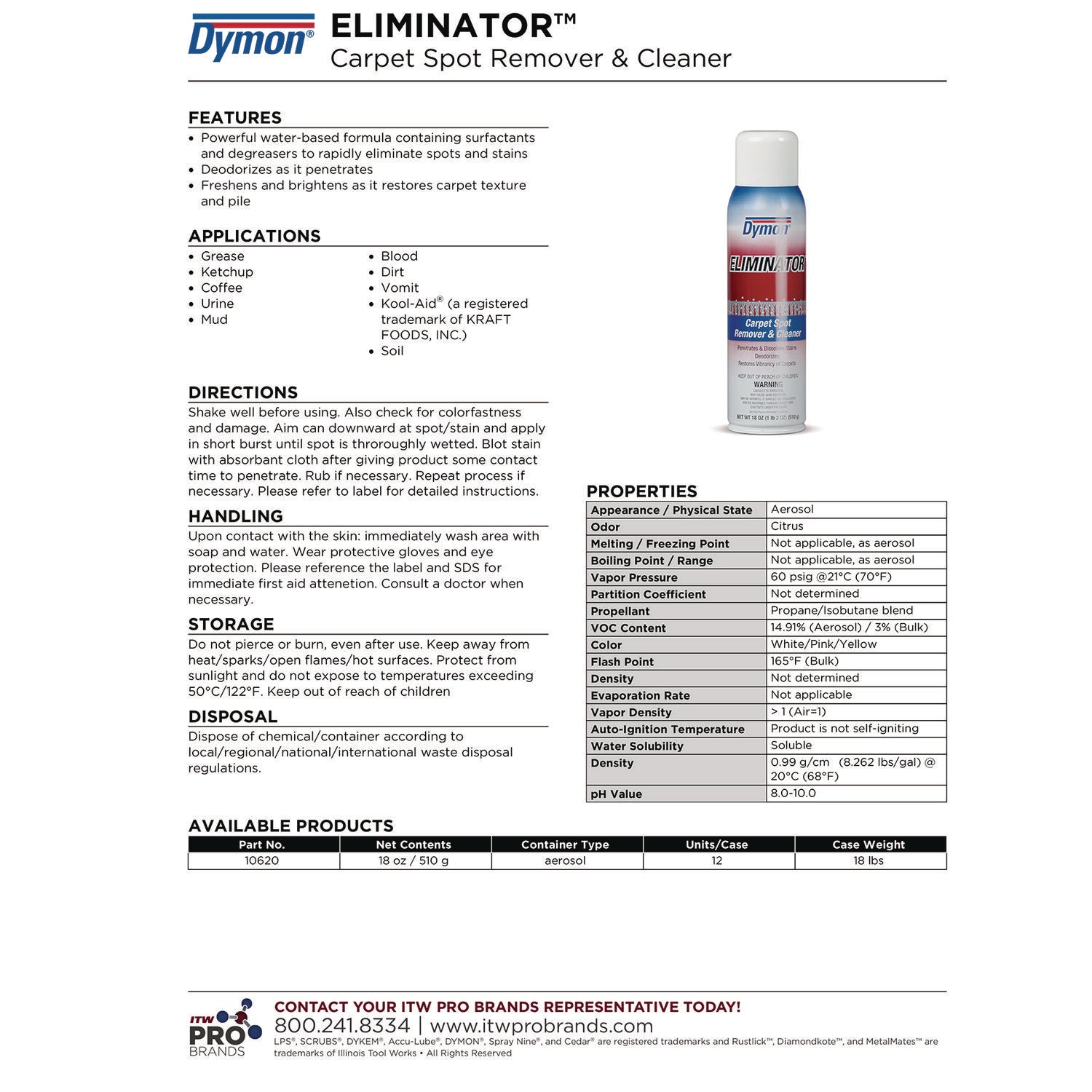 Eliminator Carpet Spot and Stain Remover, 18 oz Aerosol Spray, 12/Carton