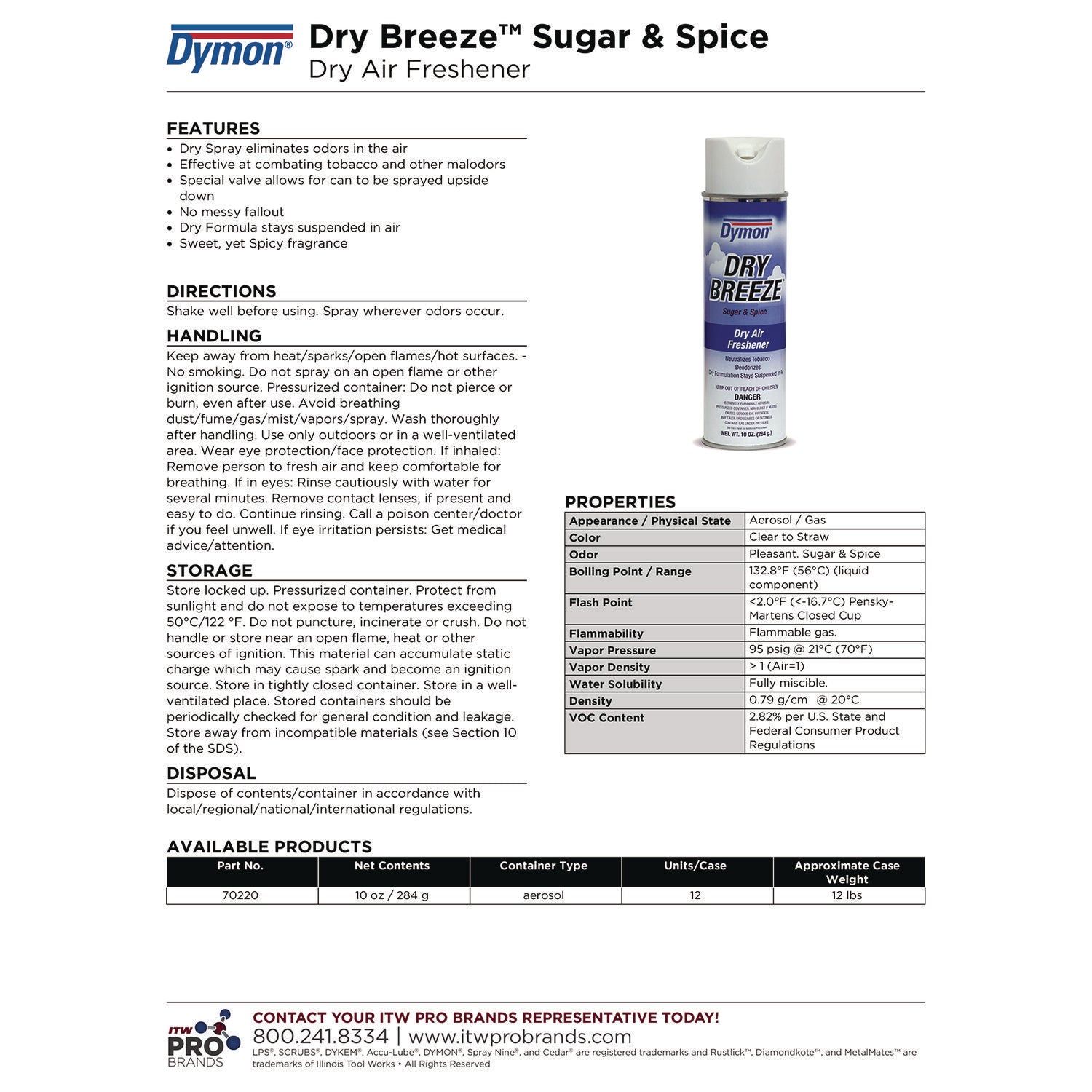 Dry Breeze Aerosol Air Freshener, Sugar and Spice, 10 oz Aerosol Spray, 12/Carton