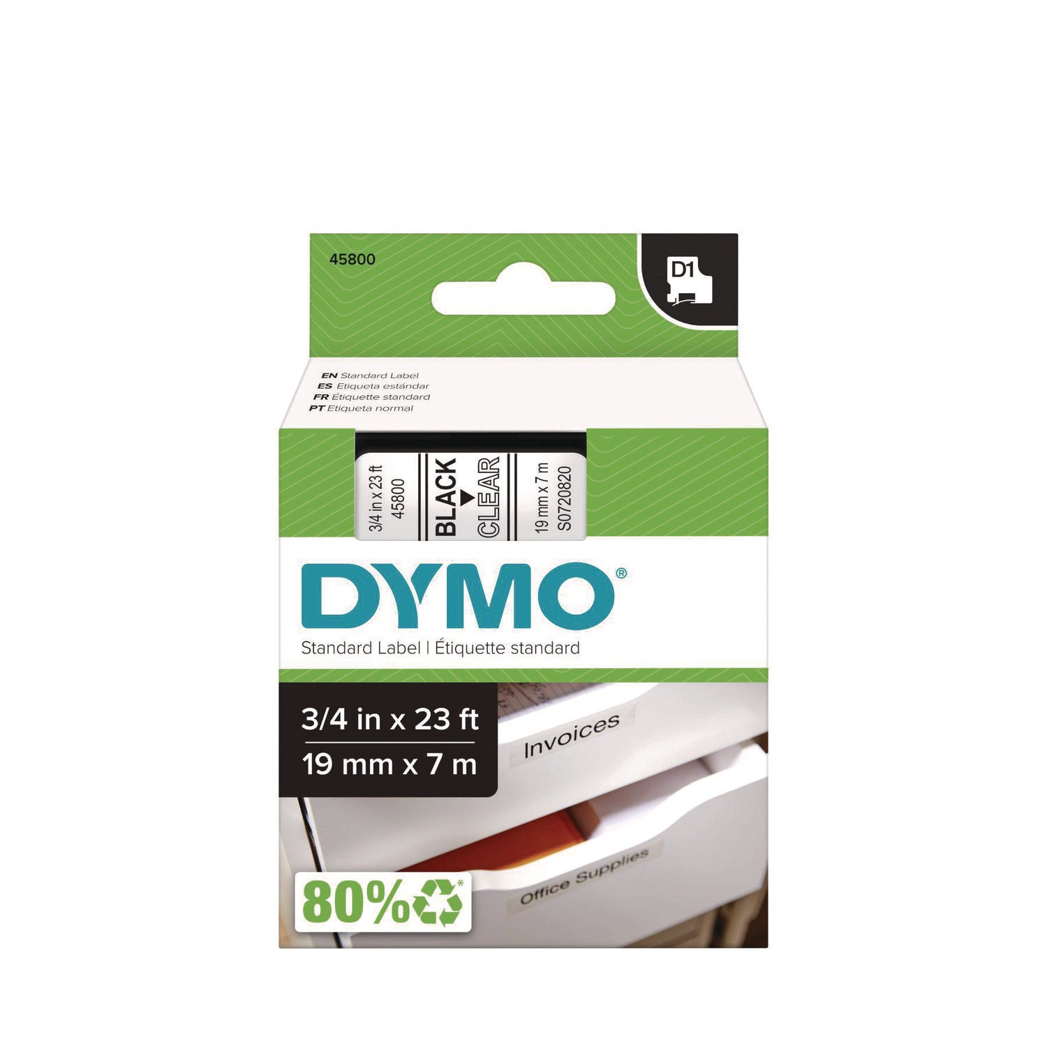 D1 High-Performance Polyester Removable Label Tape, 0.75" X 23 Ft, Black On Clear