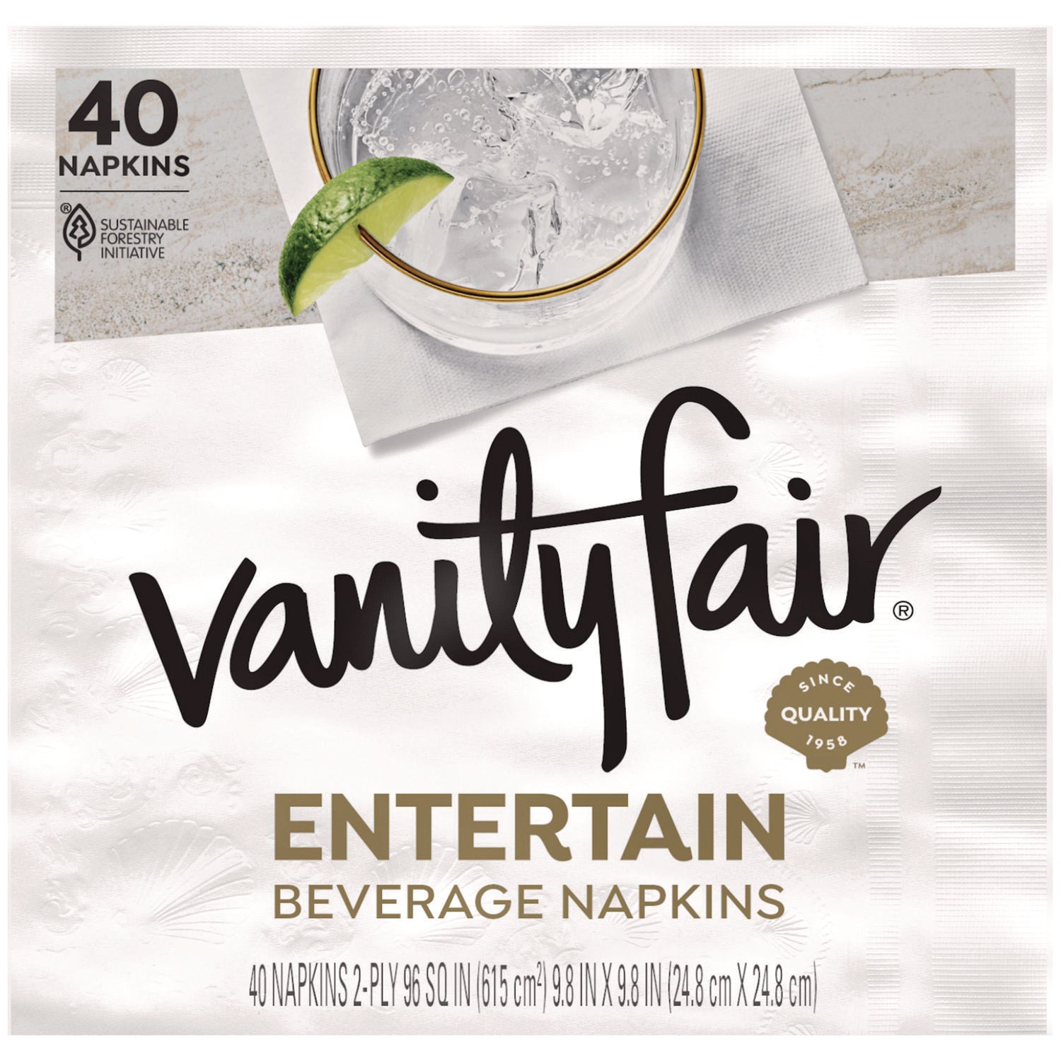 Entertain Beverage Napkins, 2-Ply, 9.8 x 9.8, White, 40/Pack, 12 Packs/Carton