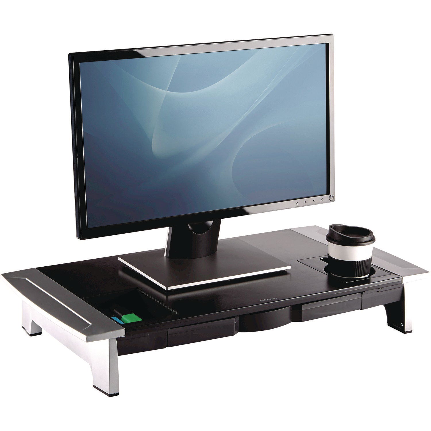 Office Suites Premium Monitor Riser, 27" x 14" x 4" to 6.5", Black/Silver