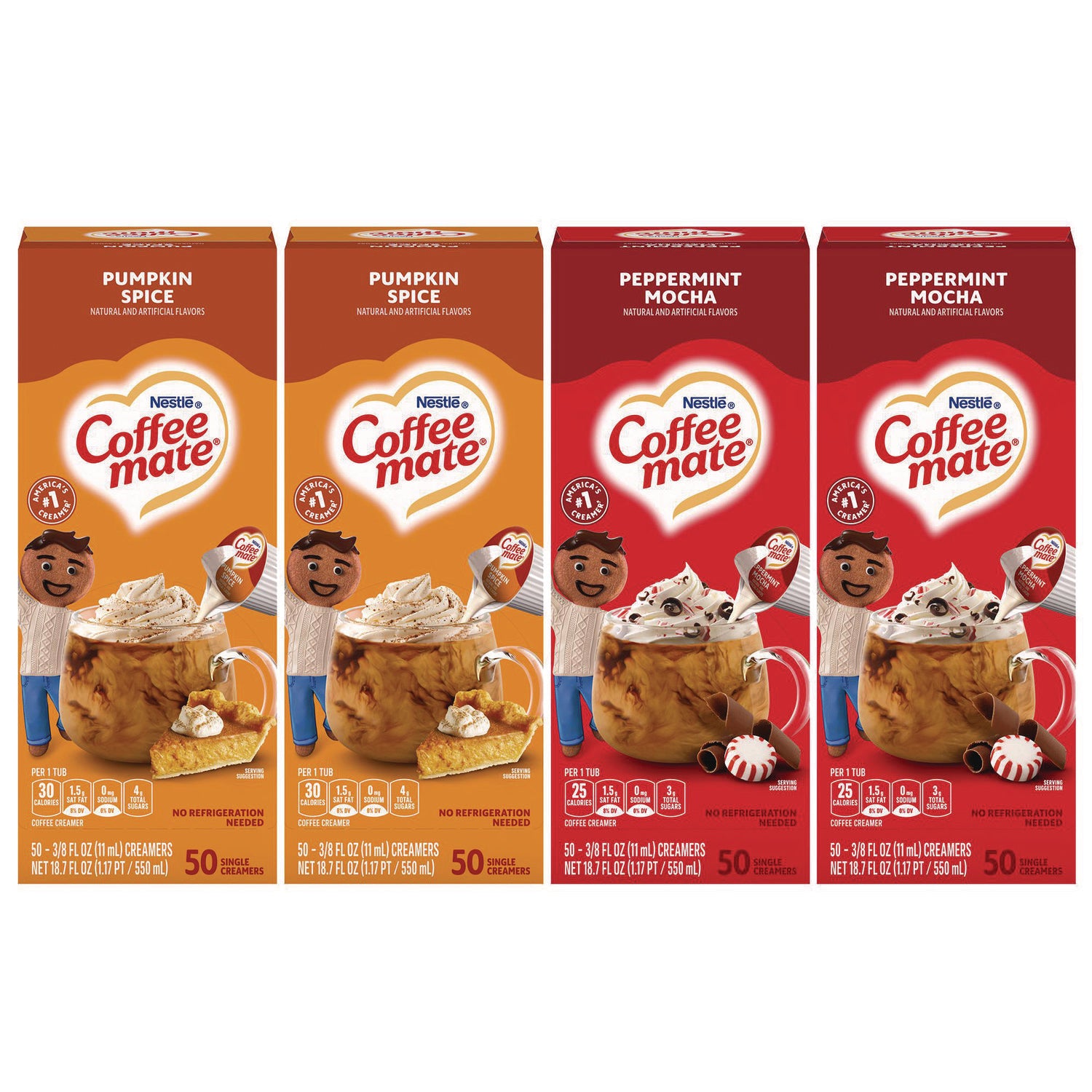 Liquid Coffee Creamer, Peppermint Mocha/Pumpkin Spice, 0.38oz Mini Cups, 50/PK, 4 PK/CT, Ships in 1-3 Business Days