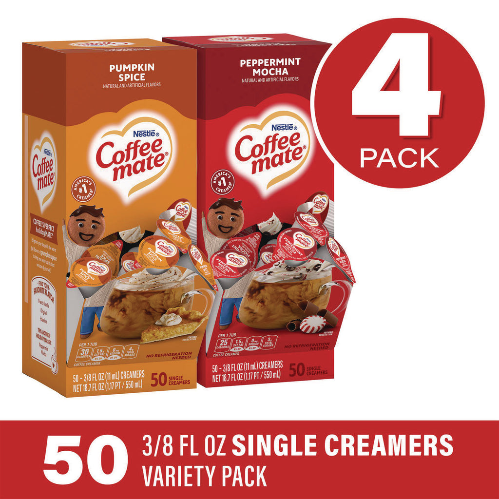 Liquid Coffee Creamer, Peppermint Mocha/Pumpkin Spice, 0.38oz Mini Cups, 50/PK, 4 PK/CT, Ships in 1-3 Business Days