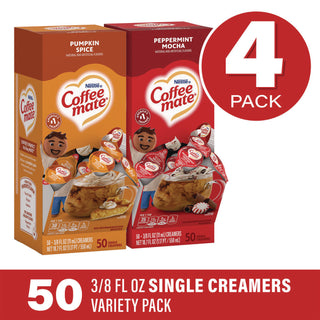 Liquid Coffee Creamer, Peppermint Mocha/Pumpkin Spice, 0.38oz Mini Cups, 50/PK, 4 PK/CT, Ships in 1-3 Business Days