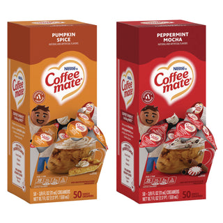 Liquid Coffee Creamer, Peppermint Mocha/Pumpkin Spice, 0.38oz Mini Cups, 50/PK, 4 PK/CT, Ships in 1-3 Business Days