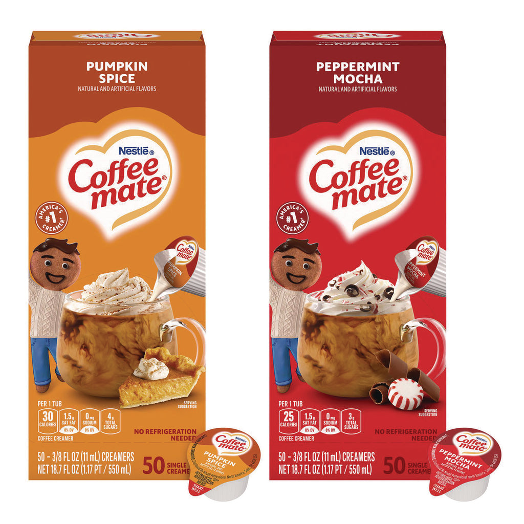 Liquid Coffee Creamer, Peppermint Mocha/Pumpkin Spice, 0.38oz Mini Cups, 50/PK, 4 PK/CT, Ships in 1-3 Business Days