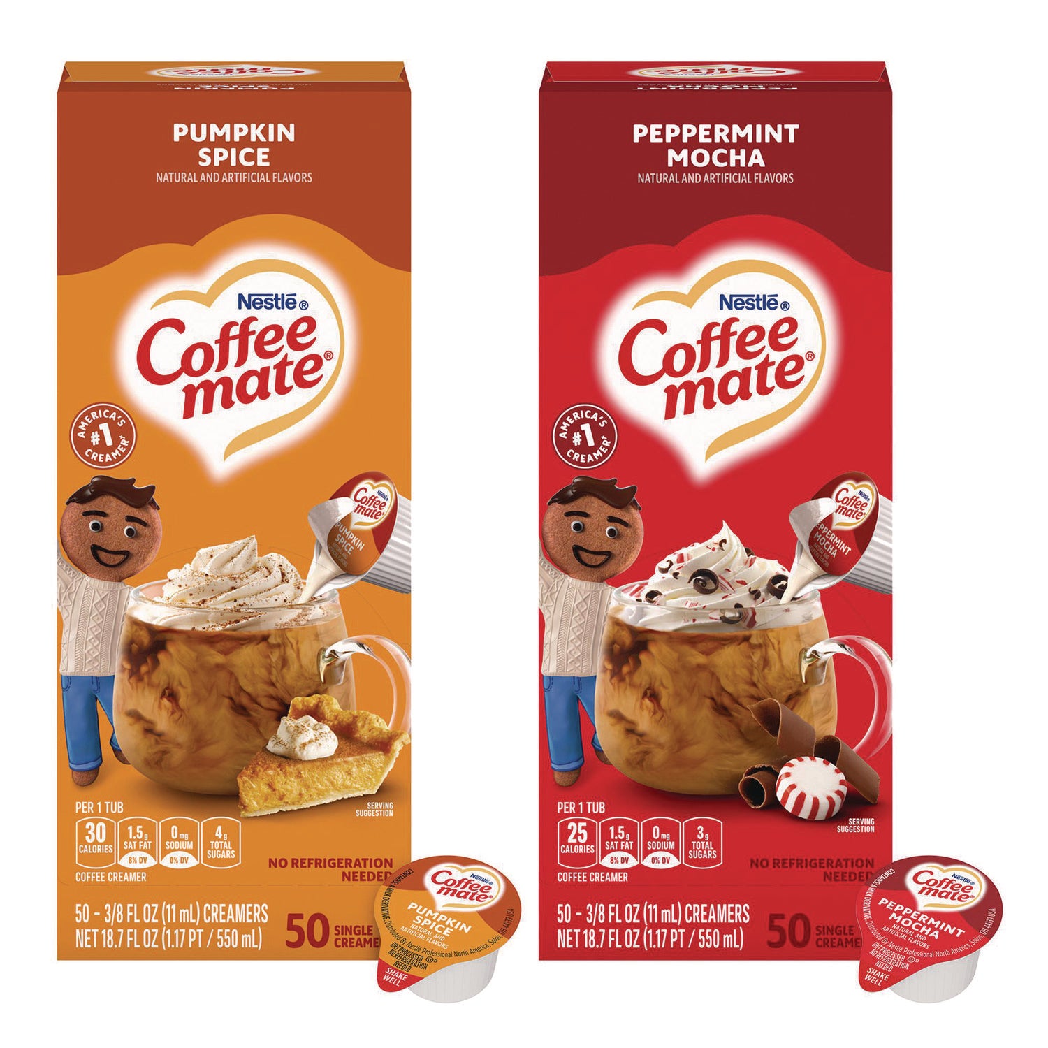 Liquid Coffee Creamer, Peppermint Mocha/Pumpkin Spice, 0.38oz Mini Cups, 50/PK, 4 PK/CT, Ships in 1-3 Business Days