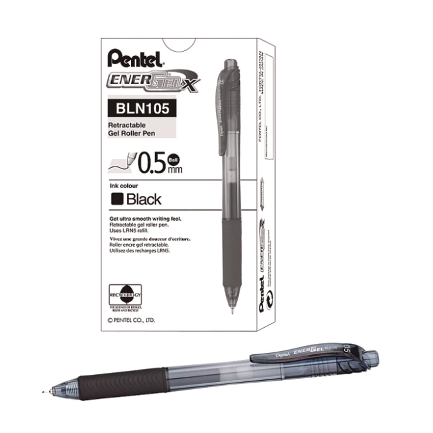 EnerGel-X Gel Pen, Retractable, Fine 0.5 mm Needle Tip, Black Ink, Clear/Black Barrel, 24/Pack