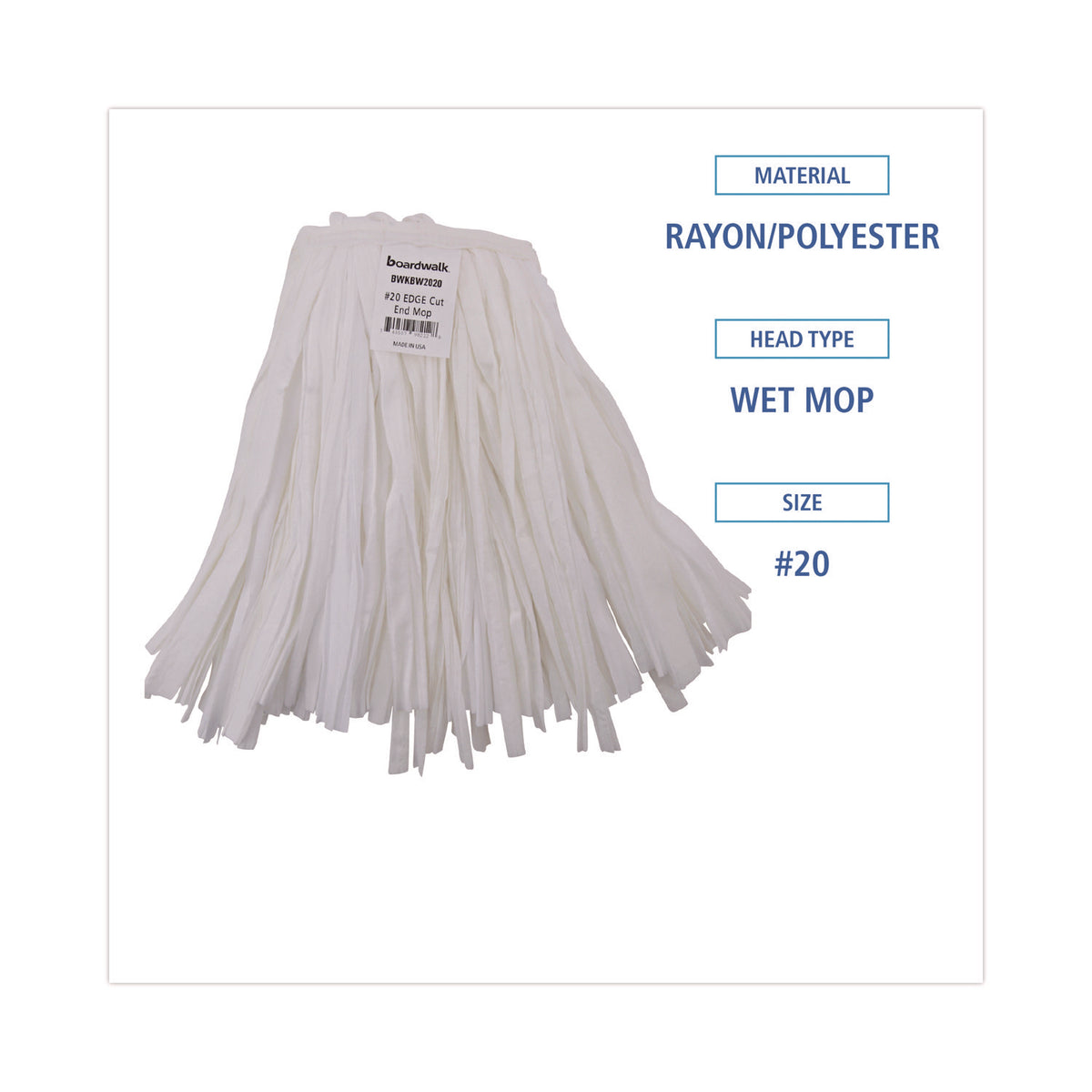 Cut-End Wet Mop Head, Rayon/Polyester, Non-Woven, White, 20oz
