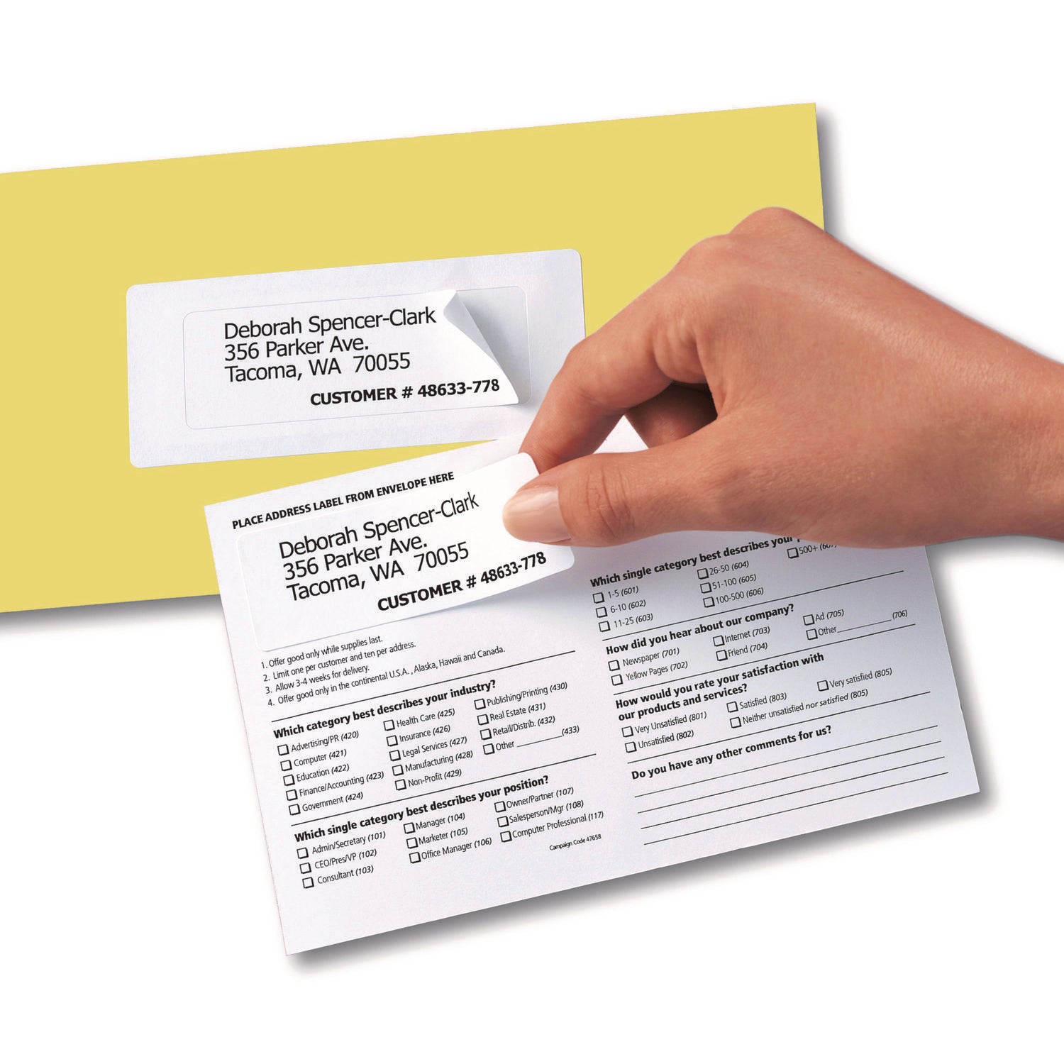 Send and Reply Piggyback Labels, Inkjet/Laser Printers, 1.63 x 4, White, 12/Sheet, 20 Sheets/Pack