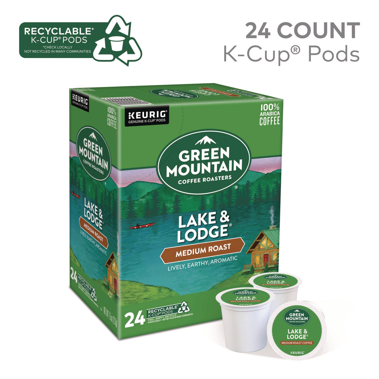 Lake and Lodge Coffee K-Cups, Medium Roast, 24/Box