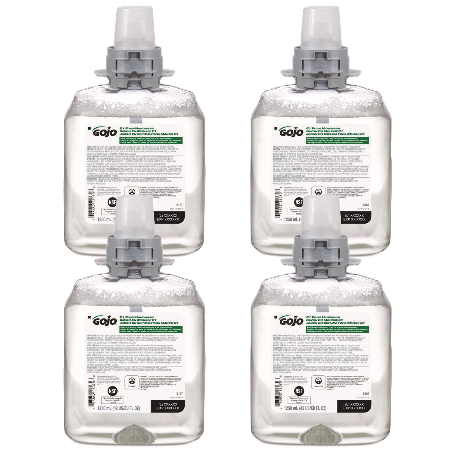 E1 Foam Handwash, Fragrance-Free, 1,250 mL, 4/Carton
