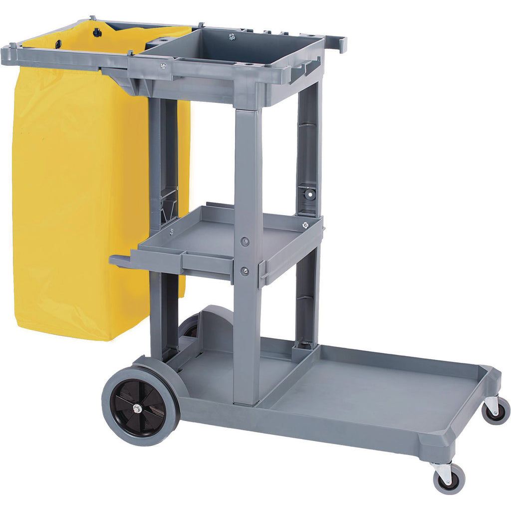 Janitor's Cart, Plastic, 4 Shelves, 1 Bin, 22" x 44" x 38", Gray