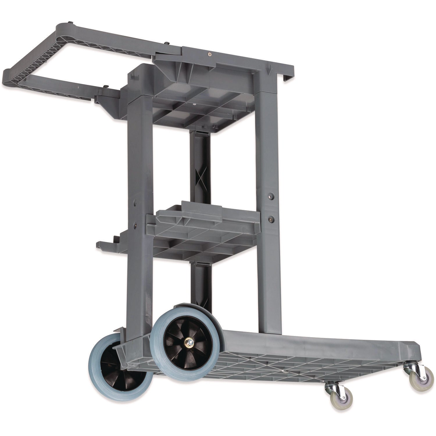 Janitor's Cart, Plastic, 4 Shelves, 1 Bin, 22" x 44" x 38", Gray