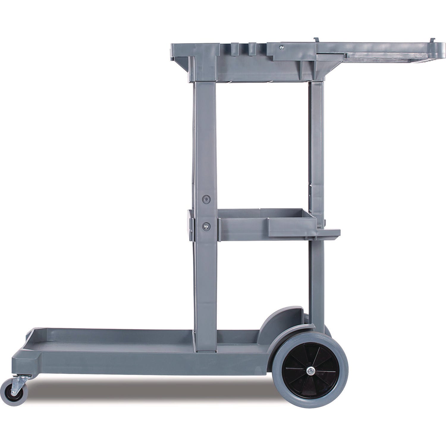 Janitor's Cart, Plastic, 4 Shelves, 1 Bin, 22" x 44" x 38", Gray