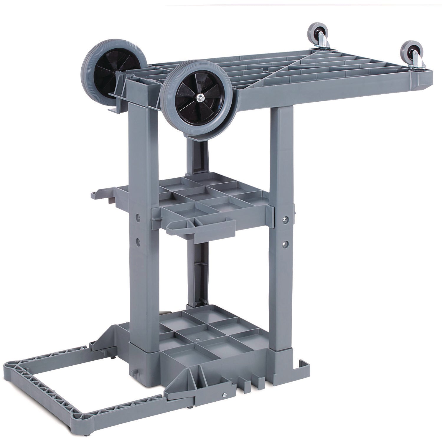 Janitor's Cart, Plastic, 4 Shelves, 1 Bin, 22" x 44" x 38", Gray