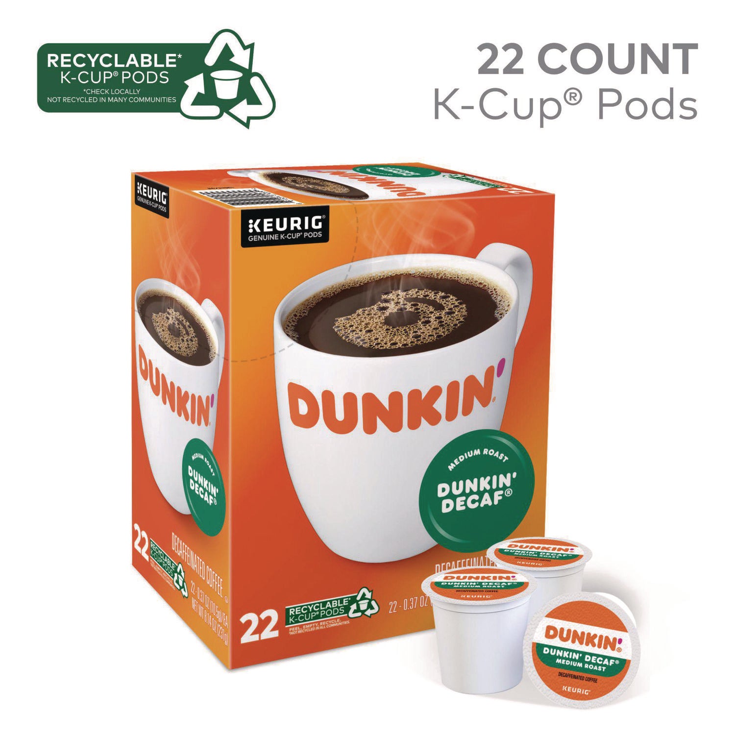 K-Cup Pods, Dunkin' Decaf, 22/Box